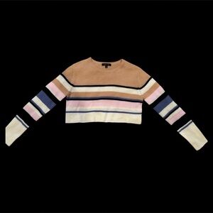 dELiA*s Cream and Pink Striped Cropped Crew Neck Sweater